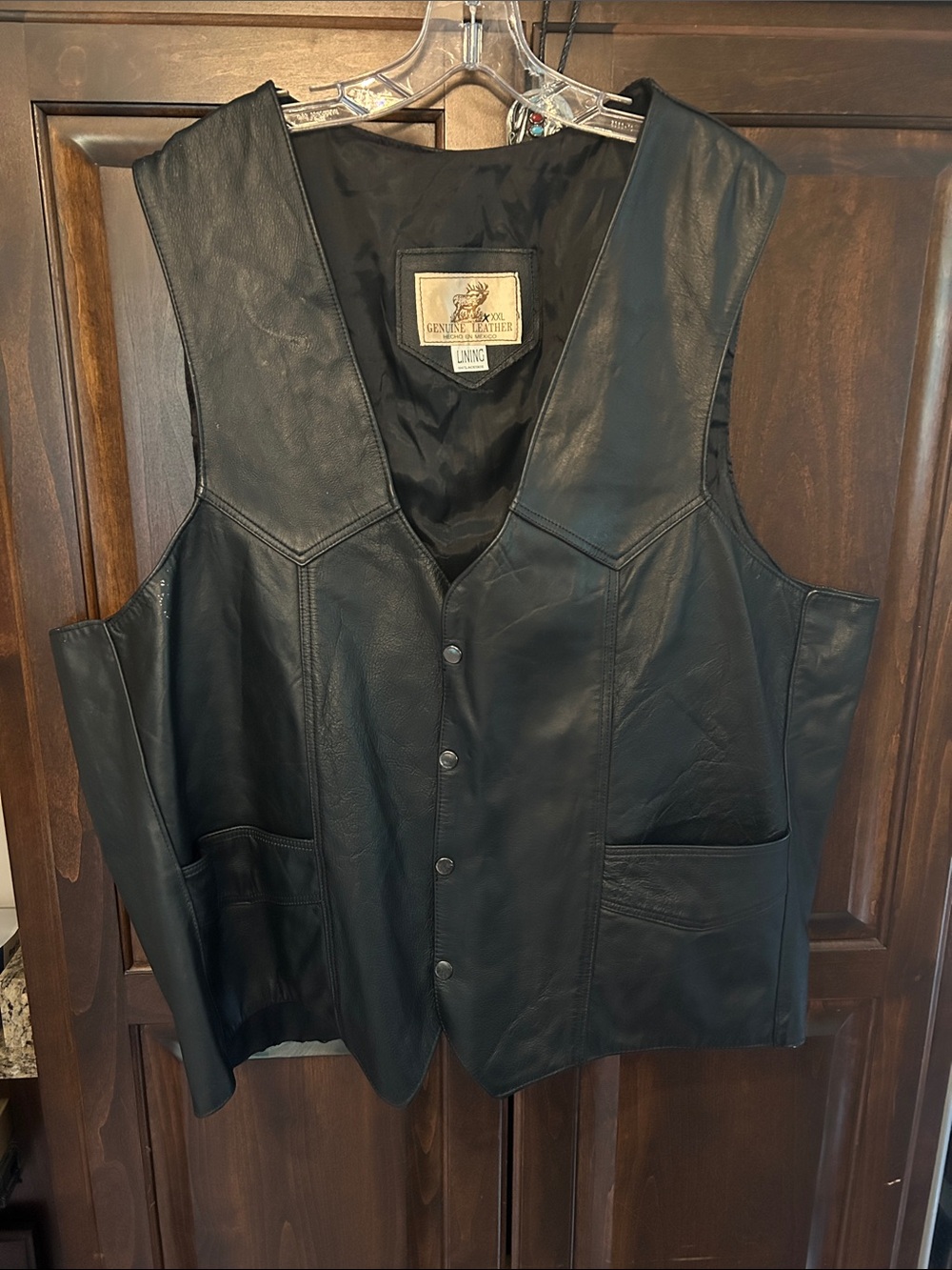 HECHO En Mexico Black Leather Biker Vest Sz XXXL - Classic Snap Front